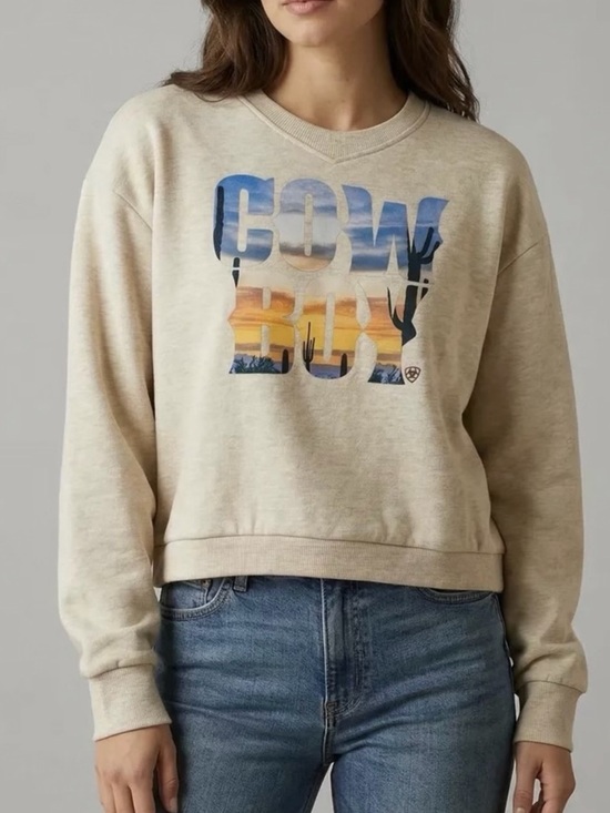 Ariat Tops - Ariat Women’s L “Cowboy” Cropped Sweatshirt Oatmeal Tan with back detail